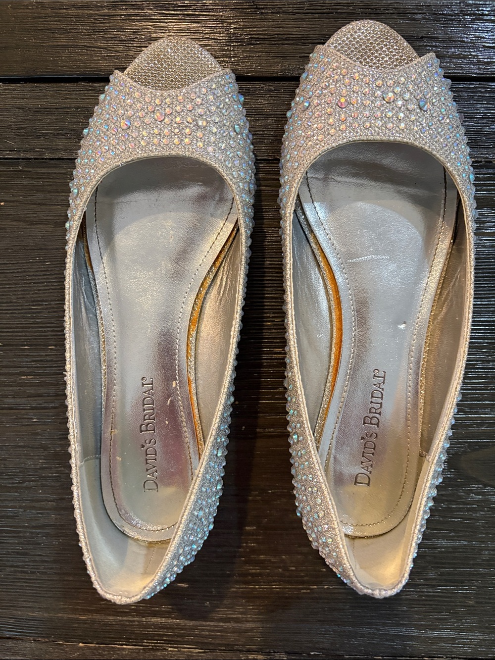 David's Bridal Champagne Crystal Peep Toe Flats with Iridescent Accents